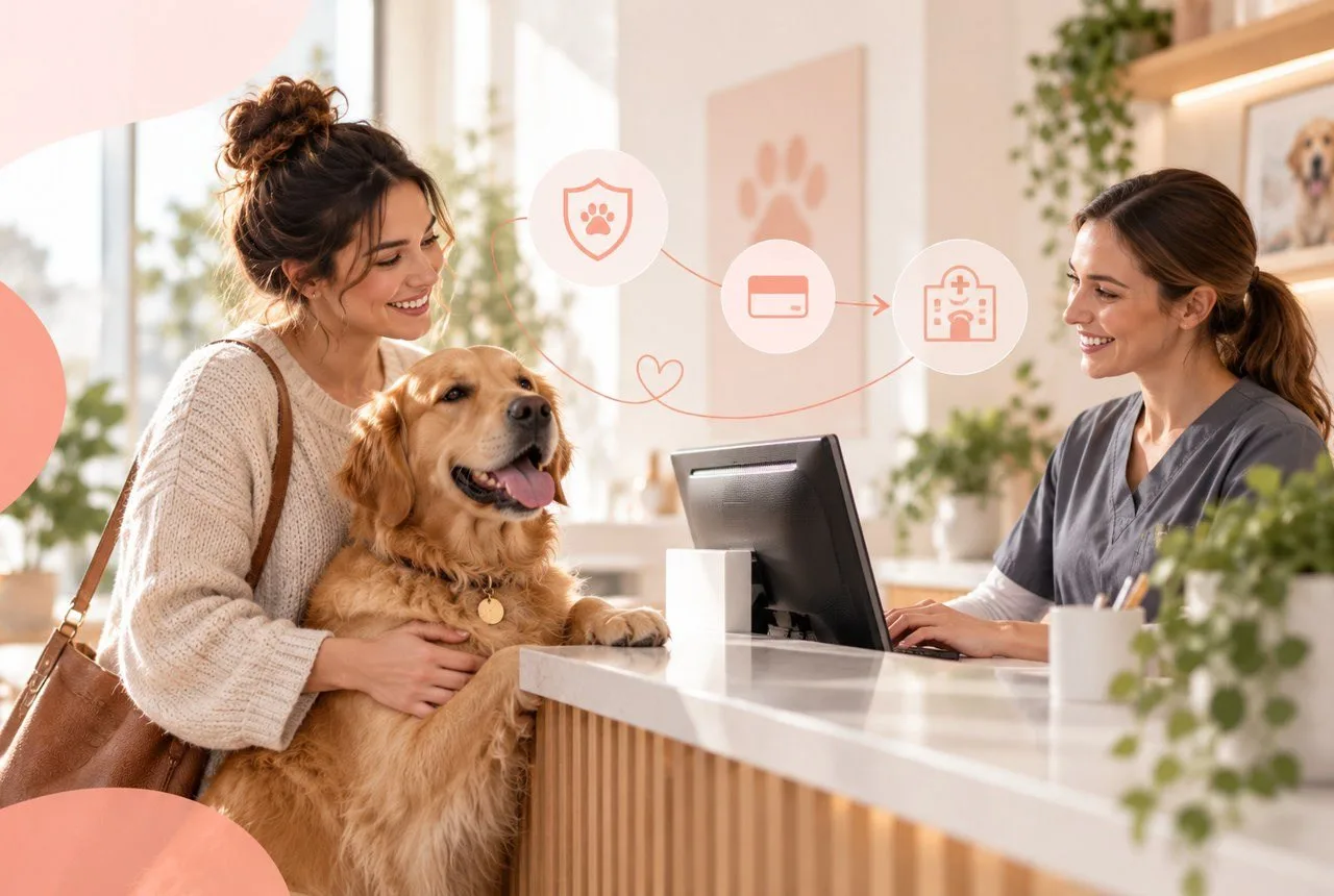 Owner with a dog speaking with a veterinary receptionist