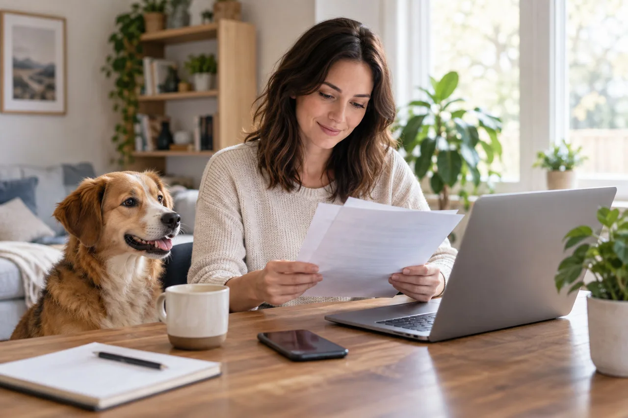 Owner reading paperwork at a table beside a dog